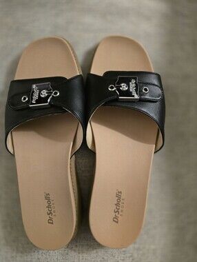 Dr. Scholl's Black Slide Sandals with Tan Footbed and Silver Buckle